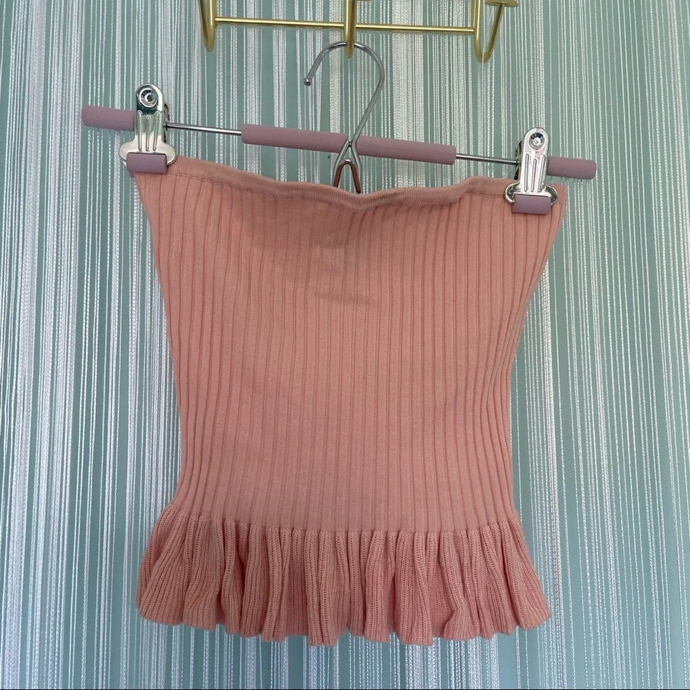 Pink Color Knit Stretchy Ribbed Ruffle Tube Top Size Small - Picture 4 of 15